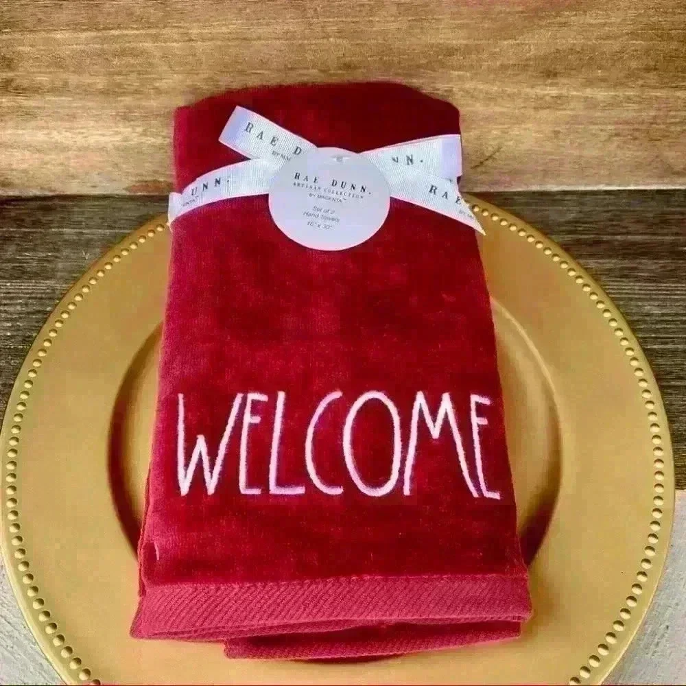 NEW SET of 2 - Rae Dunn - WELCOME - Beautiful Embroidered Burgundy Hand …